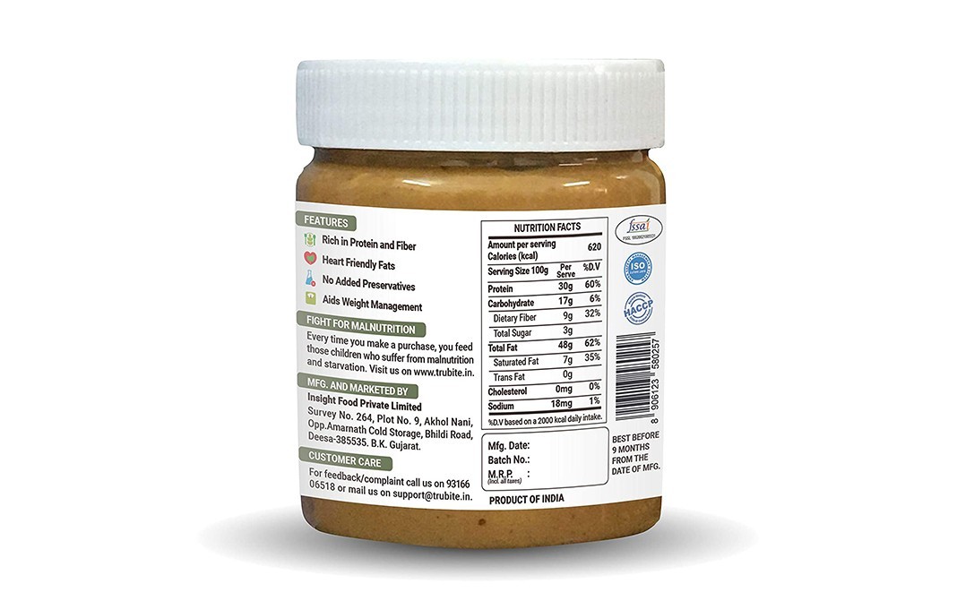 Trubite Natural Peanut Butter Creamy Unsweetened   Plastic Jar  350 grams